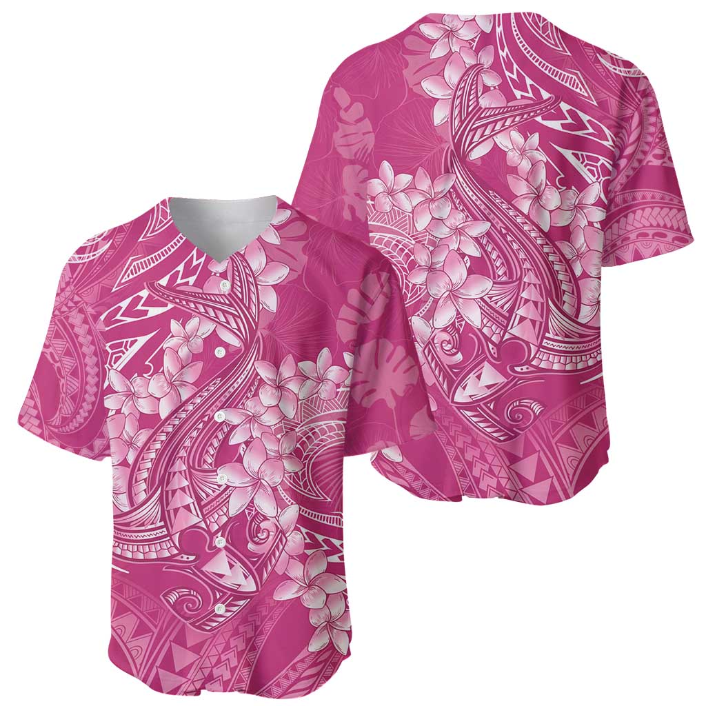 Pink Polynesia Hammerhead Shark Tattoo With Plumeria Lei Baseball Jersey LT14 - Polynesian Pride