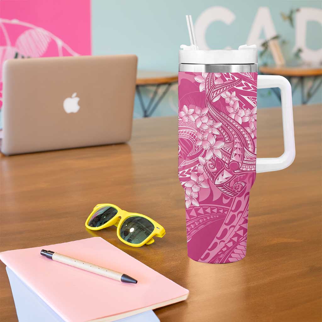 Pink Polynesia Hammerhead Shark Tattoo With Plumeria Lei Tumbler With Handle LT14 - Polynesian Pride