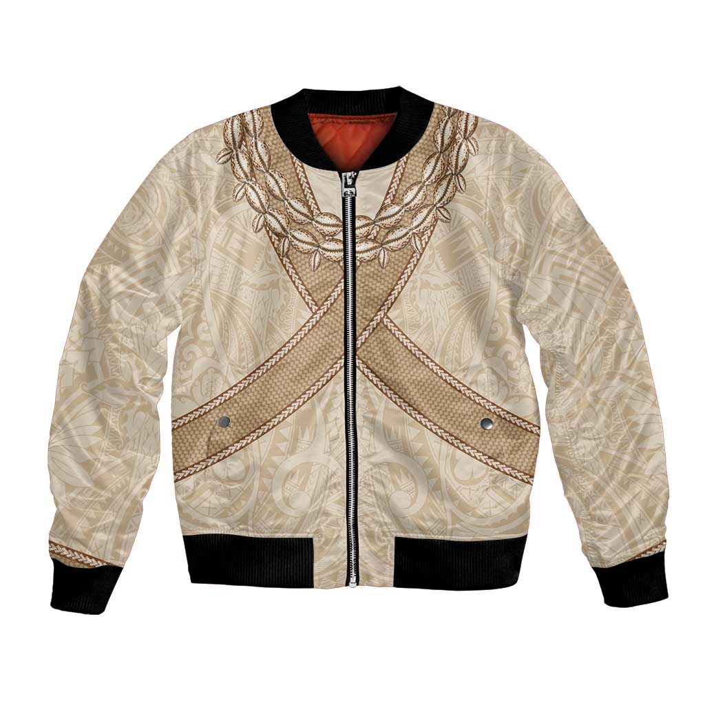 Mauri Ribaberiki Kiribati Bomber Jacket Cowrie Shells Lei Palm Leaf Weaving LT14 Unisex Beige - Polynesian Pride