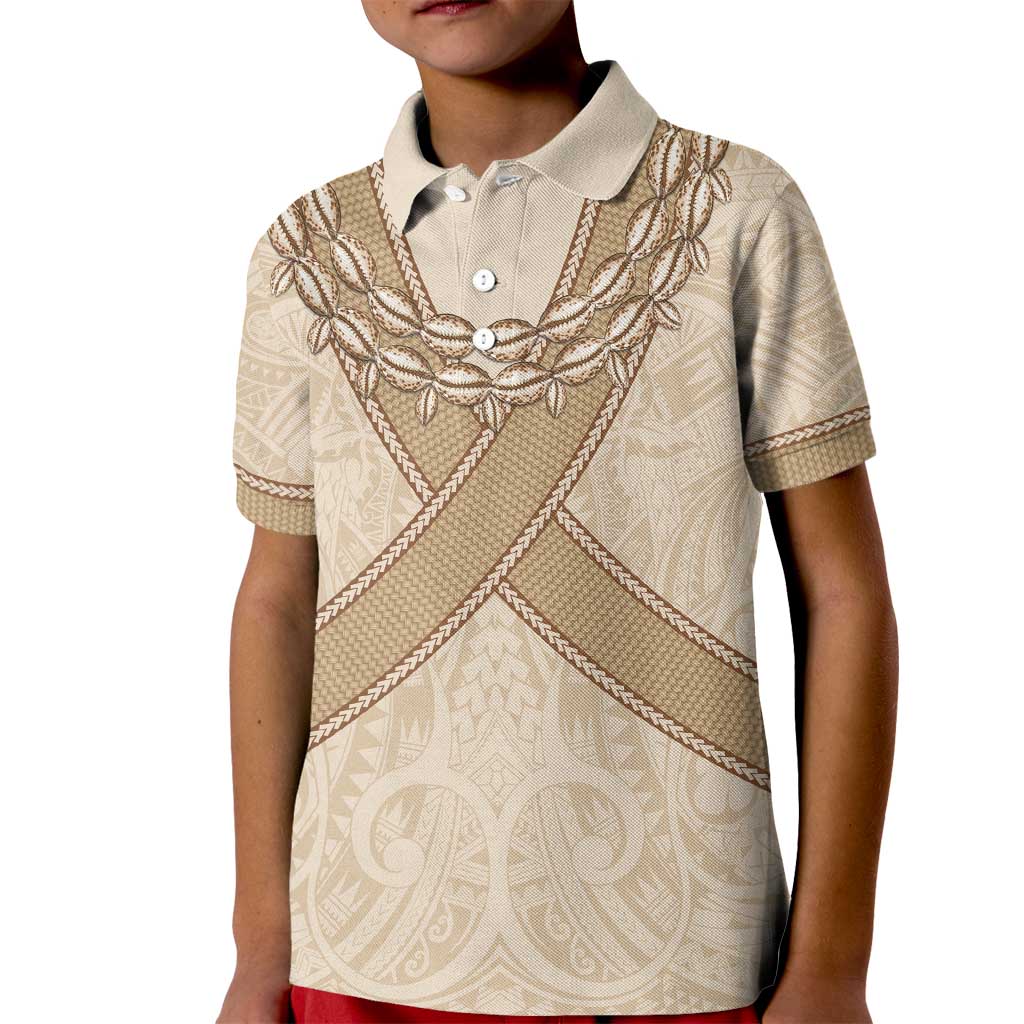 Mauri Ribaberiki Kiribati Kid Polo Shirt Cowrie Shells Lei Palm Leaf Weaving LT14 Kid Beige - Polynesian Pride