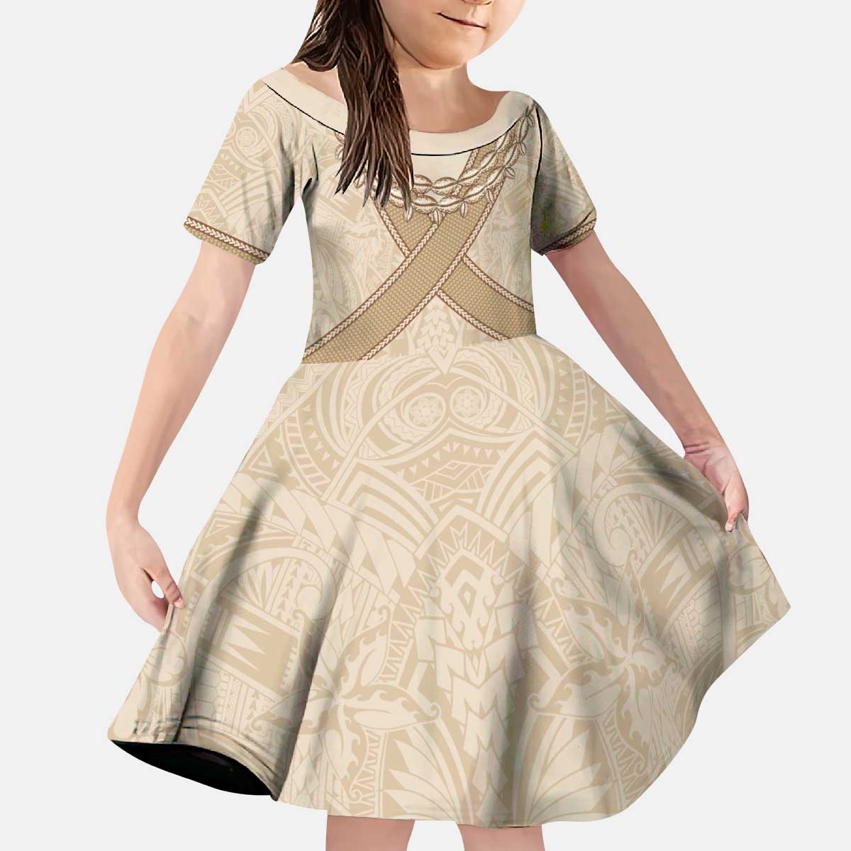 Mauri Ribaberiki Kiribati Kid Short Sleeve Dress Cowrie Shells Lei Palm Leaf Weaving LT14 KID Beige - Polynesian Pride