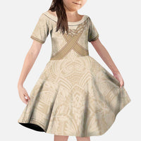 Mauri Ribaberiki Kiribati Kid Short Sleeve Dress Cowrie Shells Lei Palm Leaf Weaving LT14 KID Beige - Polynesian Pride