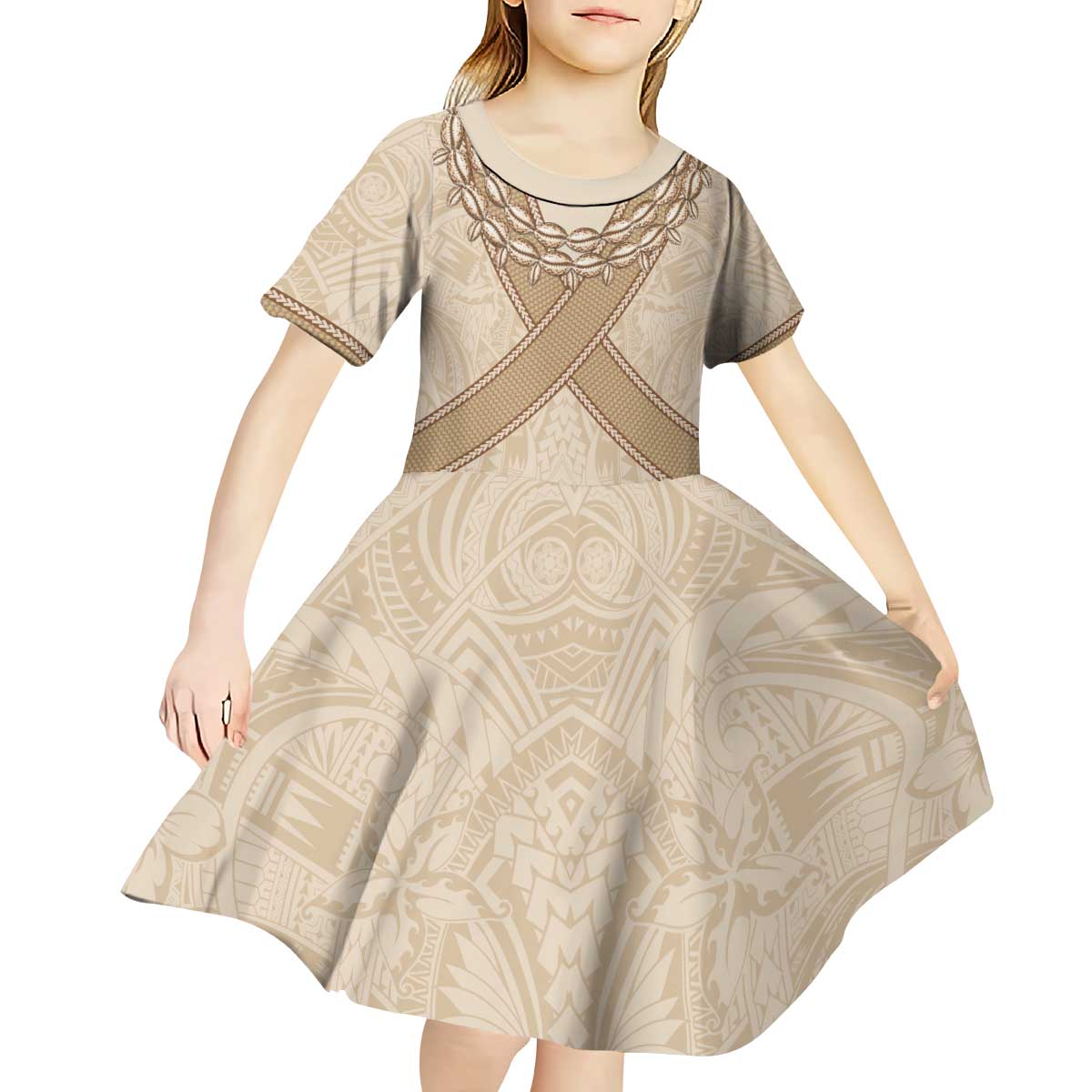 Mauri Ribaberiki Kiribati Kid Short Sleeve Dress Cowrie Shells Lei Palm Leaf Weaving LT14 - Polynesian Pride