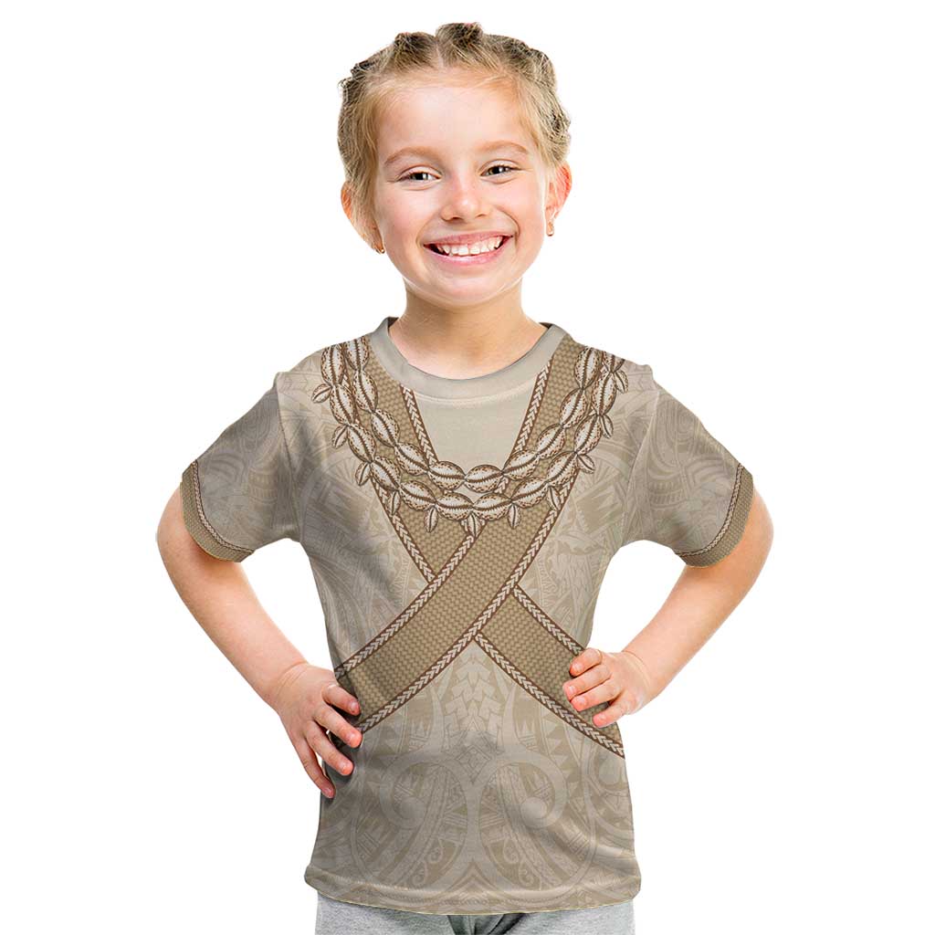 Mauri Ribaberiki Kiribati Kid T Shirt Cowrie Shells Lei Palm Leaf Weaving LT14 Beige - Polynesian Pride