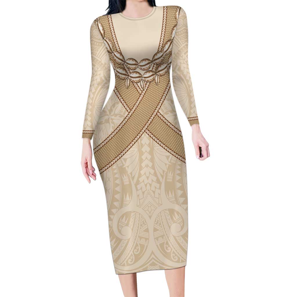 Mauri Ribaberiki Kiribati Long Sleeve Bodycon Dress Cowrie Shells Lei Palm Leaf Weaving LT14 Long Dress Beige - Polynesian Pride