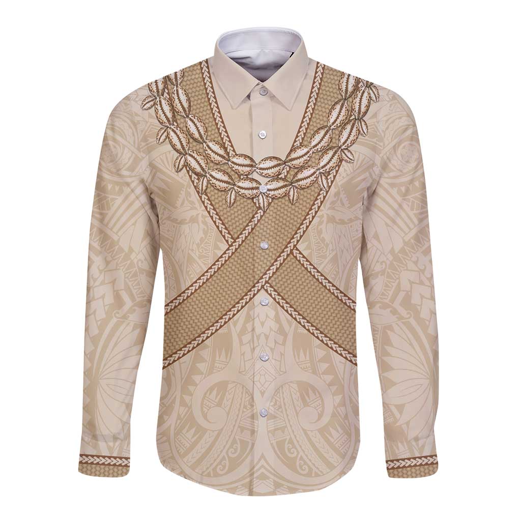 Mauri Ribaberiki Kiribati Long Sleeve Button Shirt Cowrie Shells Lei Palm Leaf Weaving LT14 Unisex Beige - Polynesian Pride