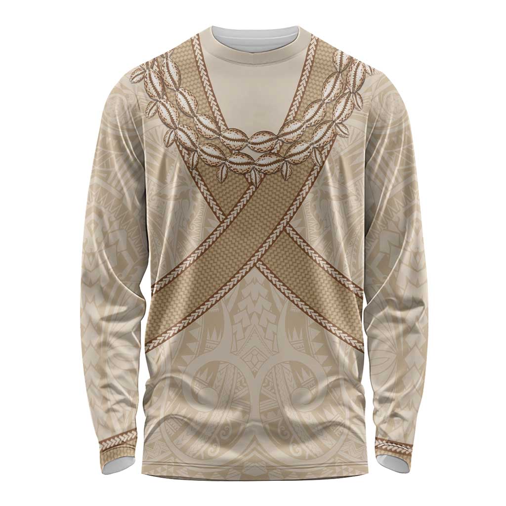Mauri Ribaberiki Kiribati Long Sleeve Shirt Cowrie Shells Lei Palm Leaf Weaving LT14 Unisex Beige - Polynesian Pride