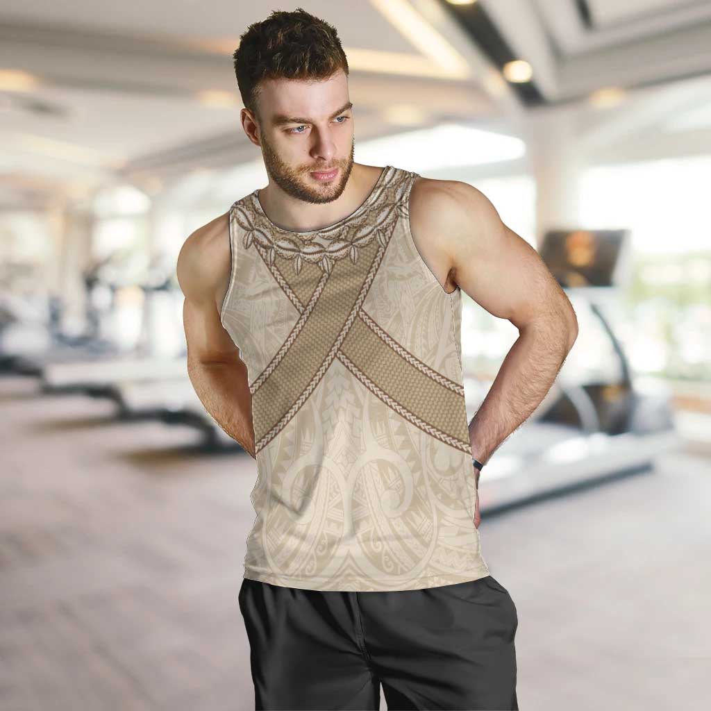 Mauri Ribaberiki Kiribati Men Tank Top Cowrie Shells Lei Palm Leaf Weaving LT14 Beige - Polynesian Pride