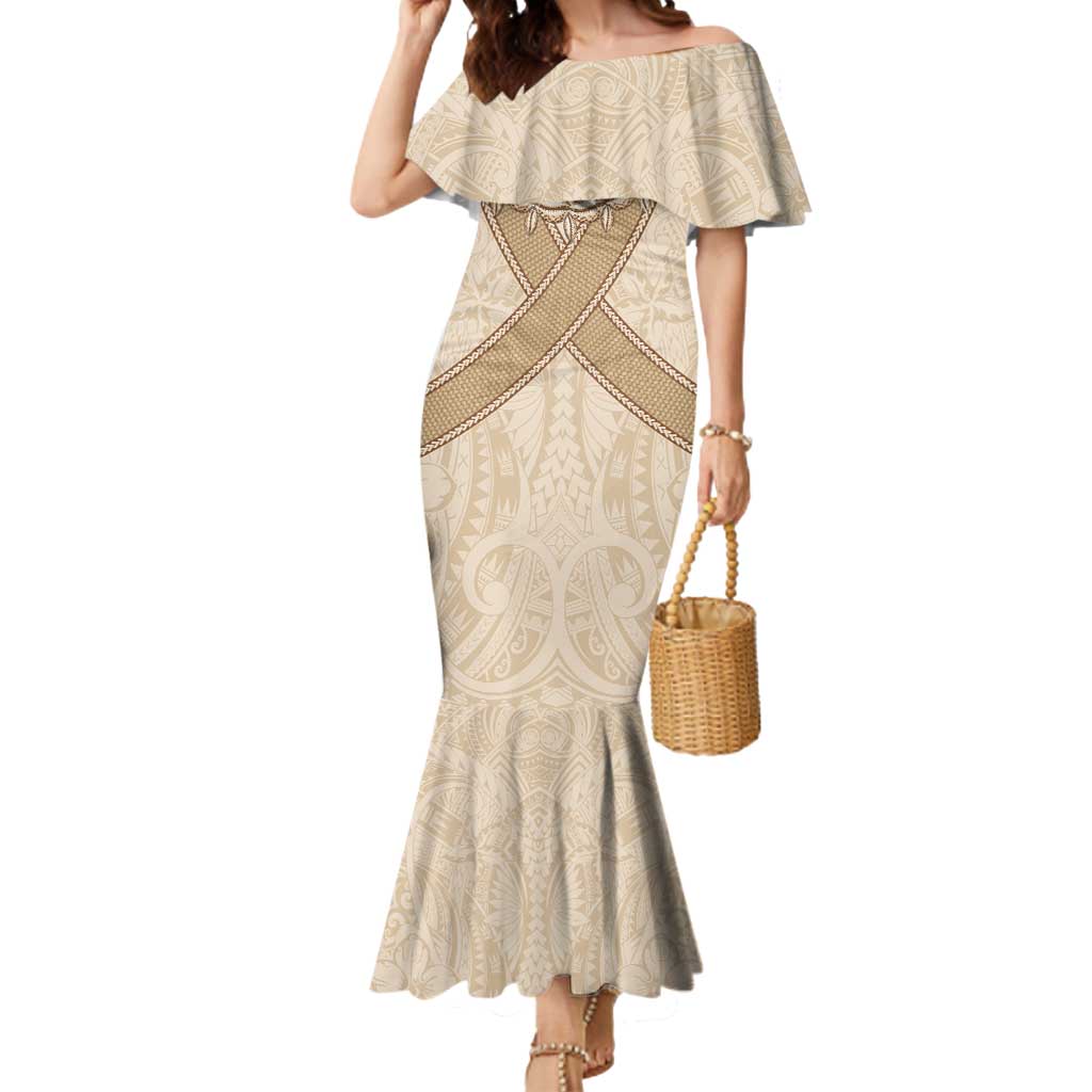 Mauri Ribaberiki Kiribati Mermaid Dress Cowrie Shells Lei Palm Leaf Weaving LT14 Women Beige - Polynesian Pride