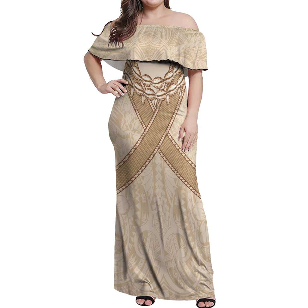 Mauri Ribaberiki Kiribati Off Shoulder Maxi Dress Cowrie Shells Lei Palm Leaf Weaving LT14 Women Beige - Polynesian Pride