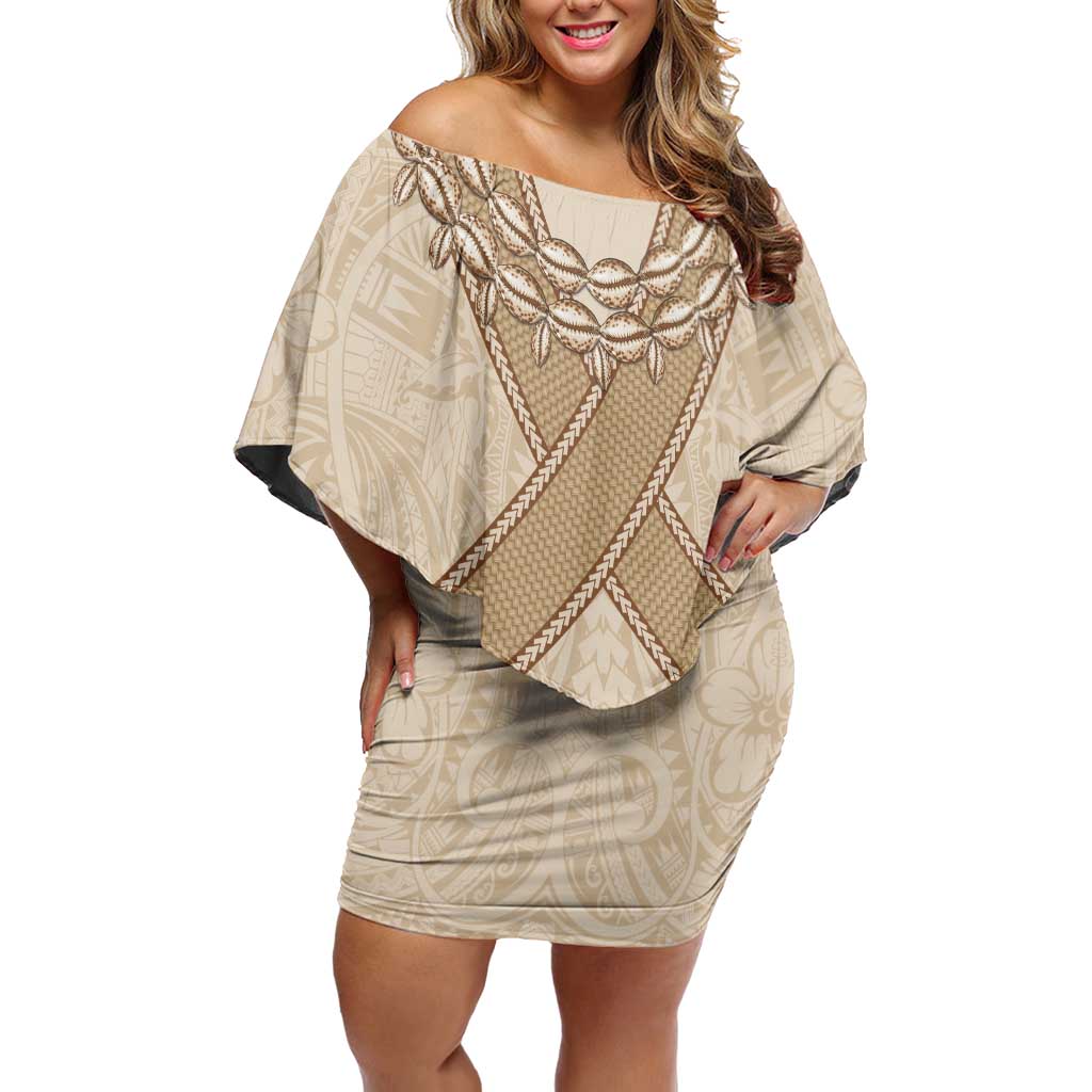 Mauri Ribaberiki Kiribati Off Shoulder Short Dress Cowrie Shells Lei Palm Leaf Weaving LT14 Women Beige - Polynesian Pride