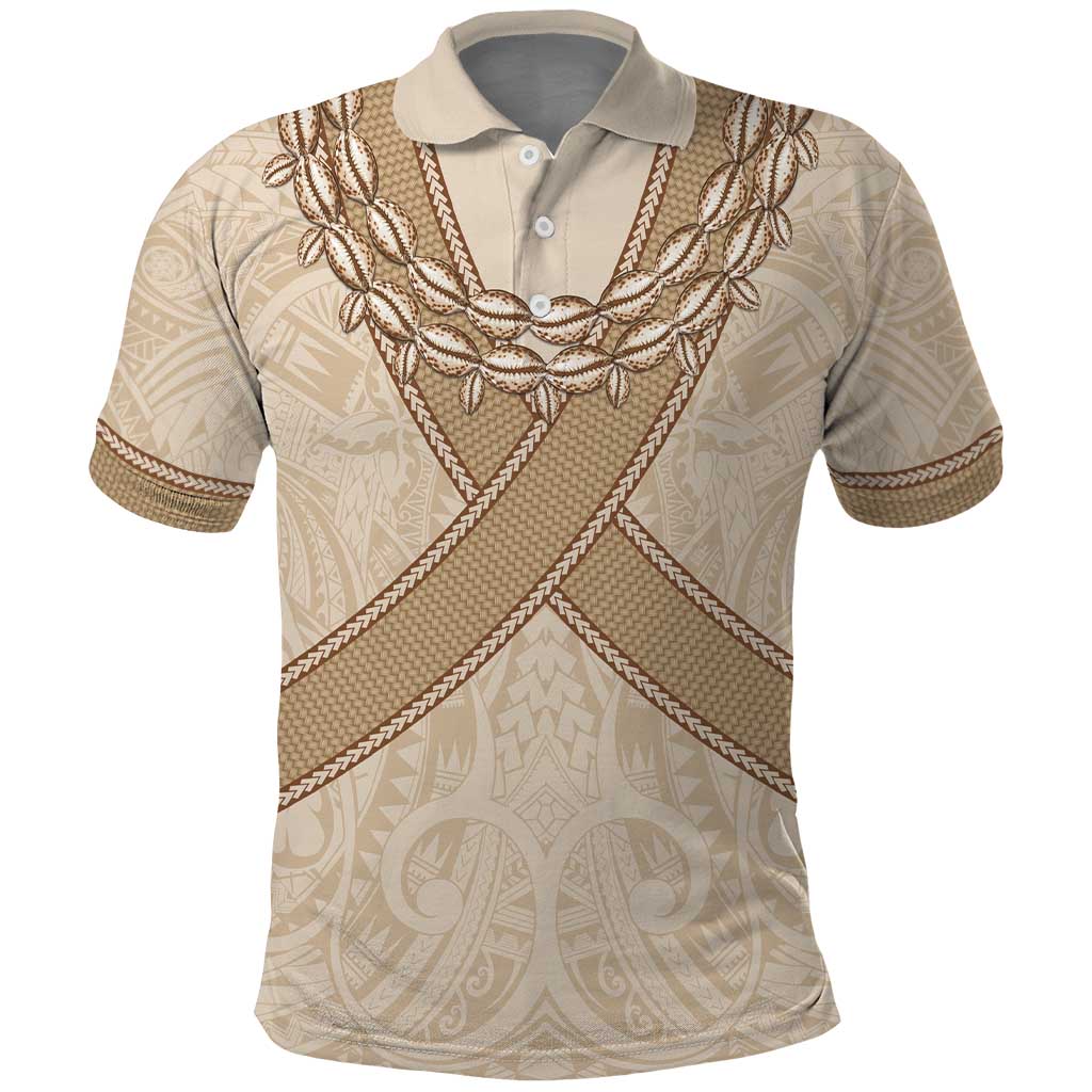 Mauri Ribaberiki Kiribati Polo Shirt Cowrie Shells Lei Palm Leaf Weaving LT14 Beige - Polynesian Pride