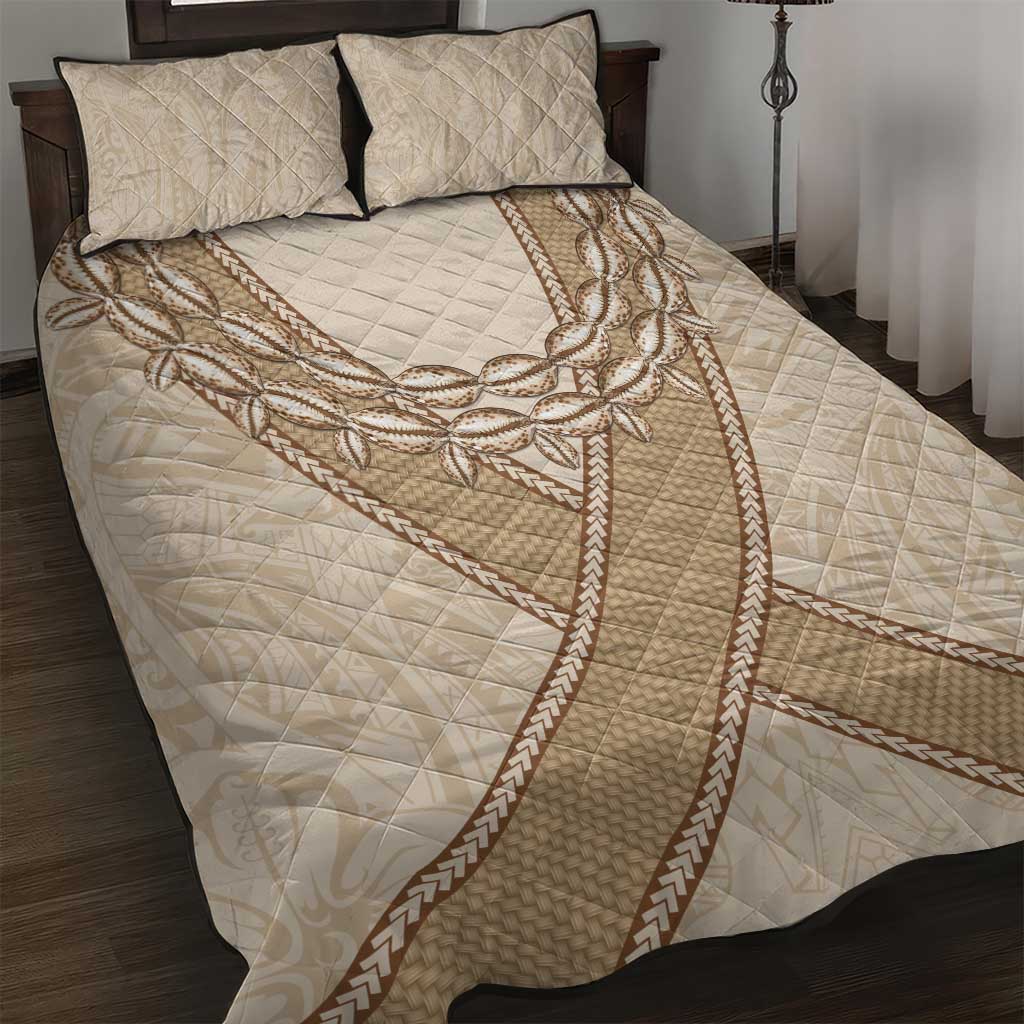 Mauri Ribaberiki Kiribati Quilt Bed Set Cowrie Shells Lei Palm Leaf Weaving LT14 Beige - Polynesian Pride