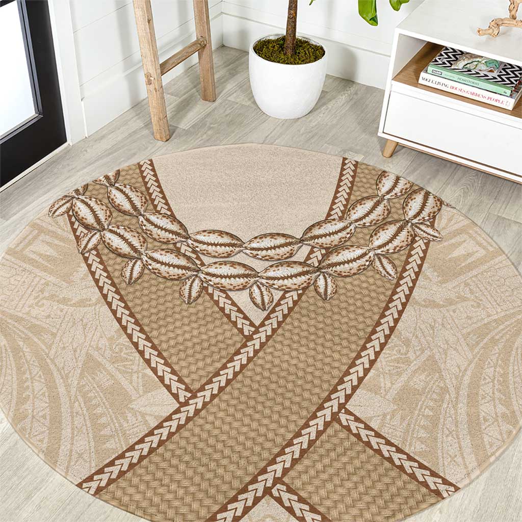Mauri Ribaberiki Kiribati Round Carpet Cowrie Shells Lei Palm Leaf Weaving LT14 Beige - Polynesian Pride