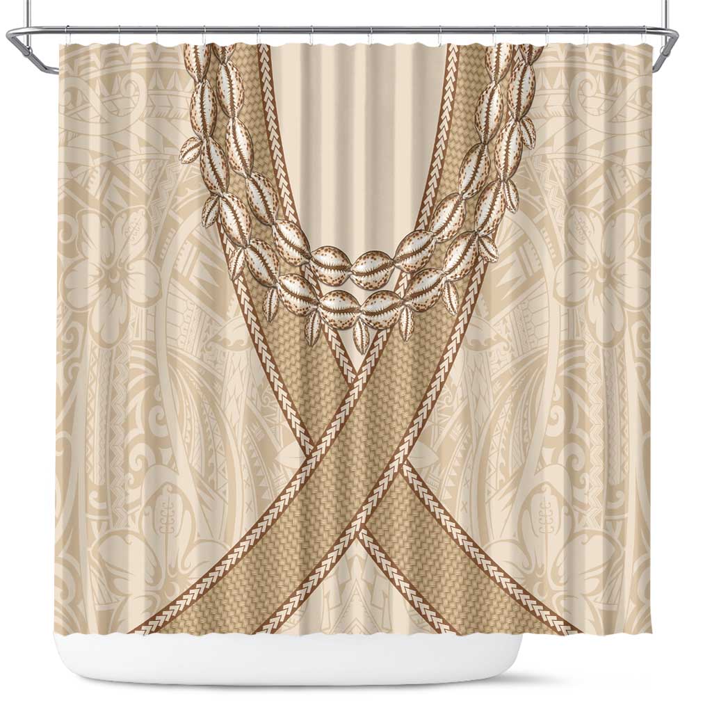 Mauri Ribaberiki Kiribati Shower Curtain Cowrie Shells Lei Palm Leaf Weaving LT14 Beige - Polynesian Pride