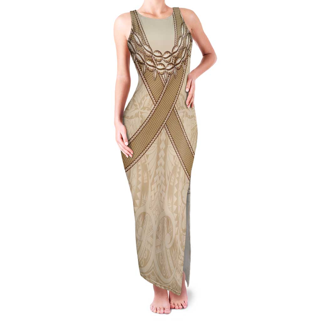 Mauri Ribaberiki Kiribati Tank Maxi Dress Cowrie Shells Lei Palm Leaf Weaving LT14 Women Beige - Polynesian Pride
