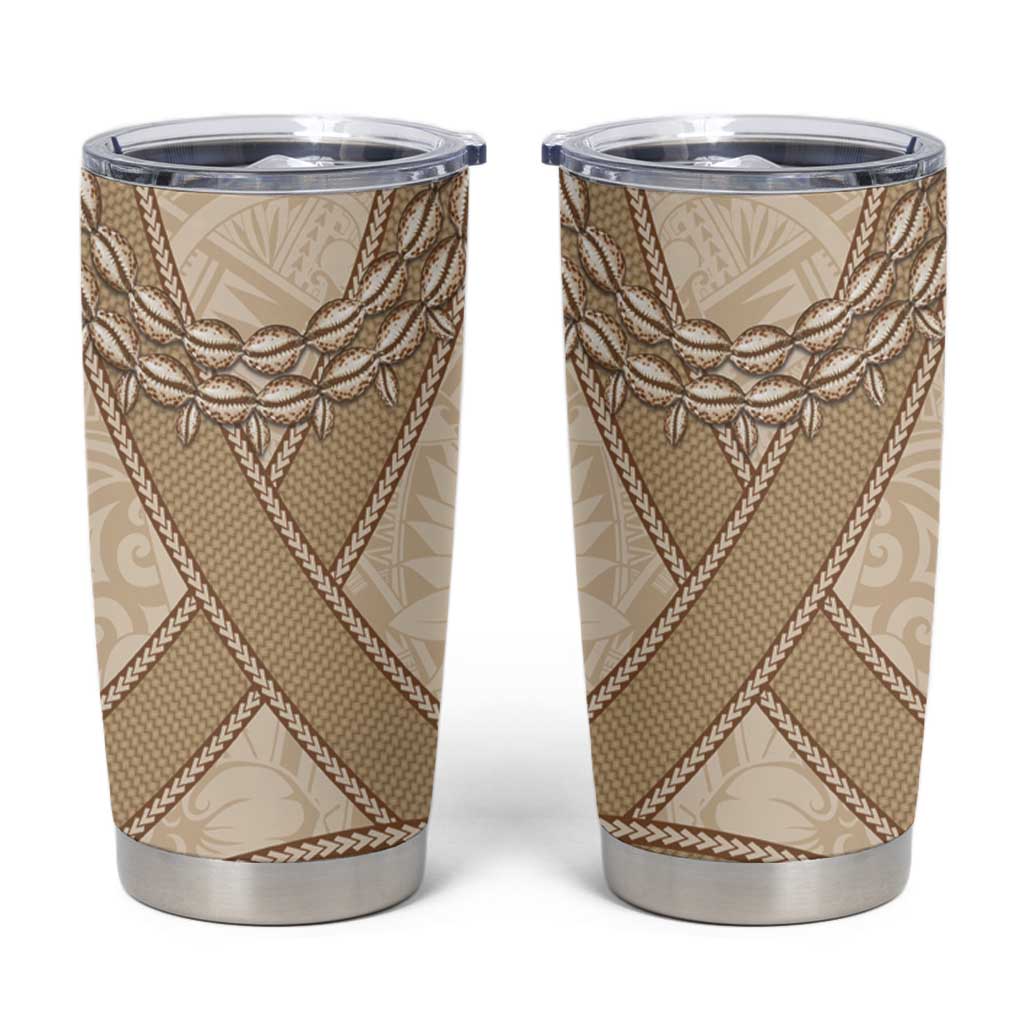 Mauri Ribaberiki Kiribati Tumbler Cup Cowrie Shells Lei Palm Leaf Weaving LT14 Beige - Polynesian Pride