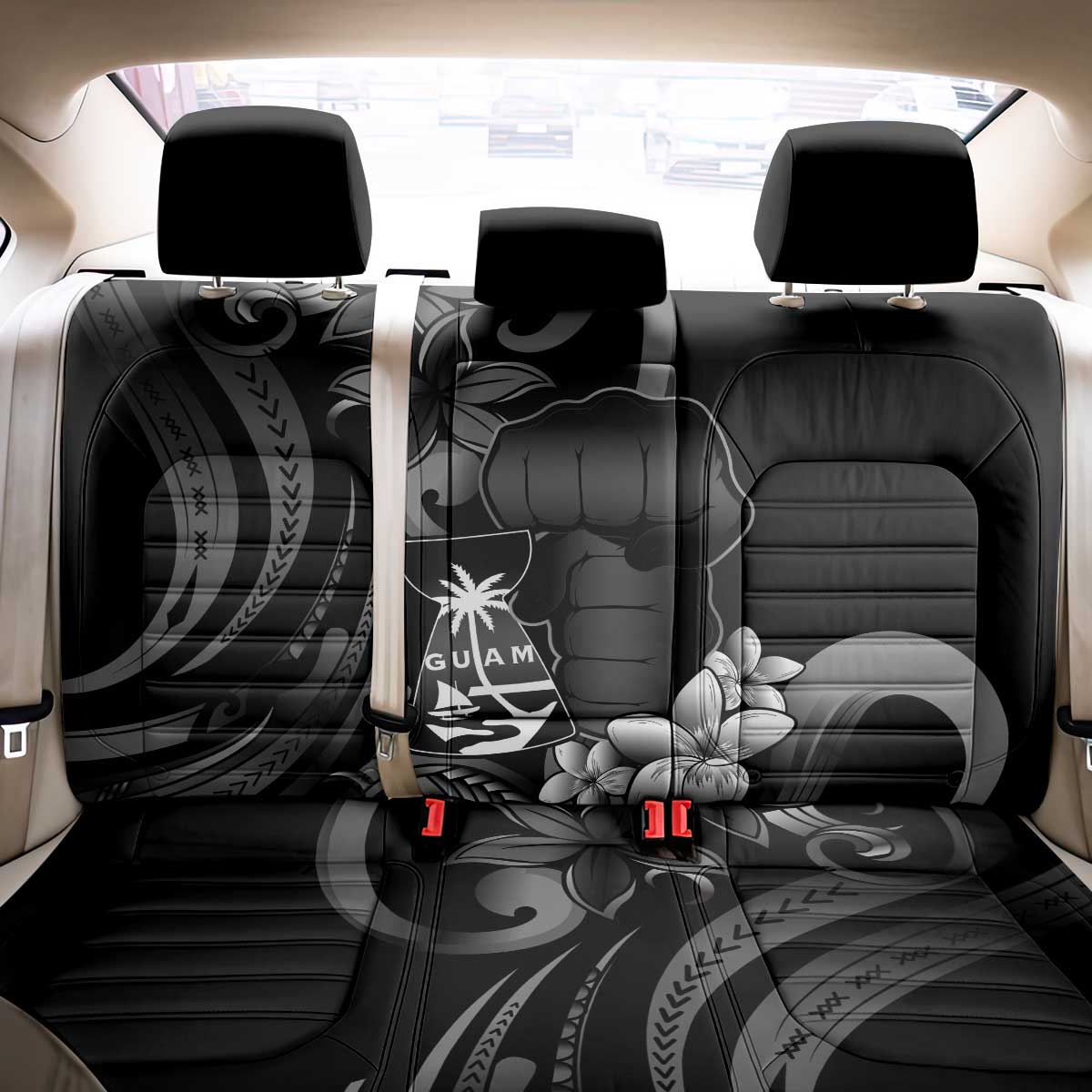 Black Hafa Adai Guam Back Car Seat Cover Chamorro Latte Stone Hand With Plumeria LT14 - Polynesian Pride
