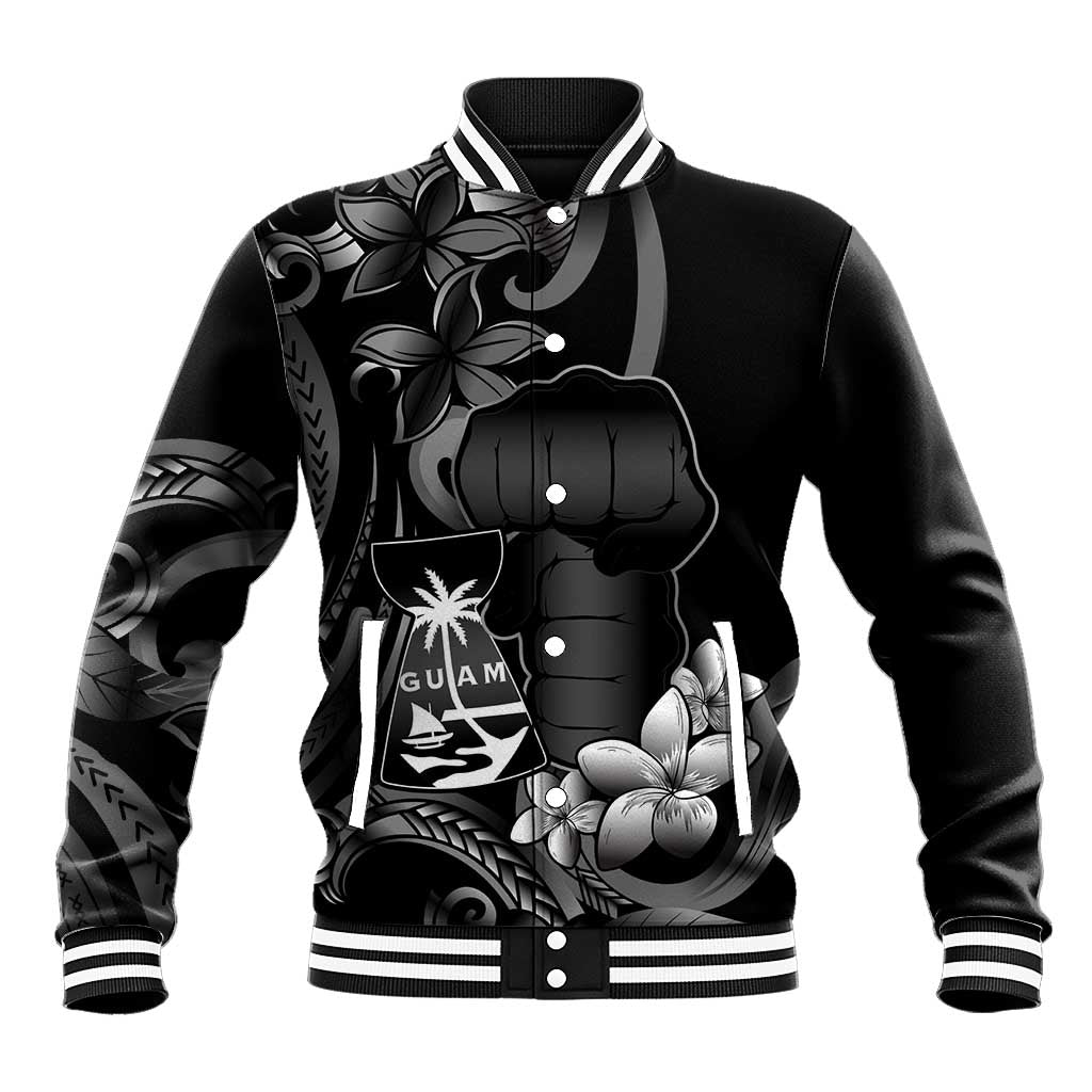 Black Hafa Adai Guam Baseball Jacket Chamorro Latte Stone Hand With Plumeria LT14 Unisex Black - Polynesian Pride