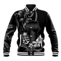 Black Hafa Adai Guam Baseball Jacket Chamorro Latte Stone Hand With Plumeria LT14 Unisex Black - Polynesian Pride