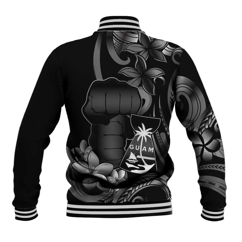 Black Hafa Adai Guam Baseball Jacket Chamorro Latte Stone Hand With Plumeria LT14 - Polynesian Pride
