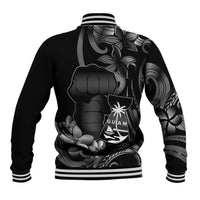 Black Hafa Adai Guam Baseball Jacket Chamorro Latte Stone Hand With Plumeria LT14 - Polynesian Pride
