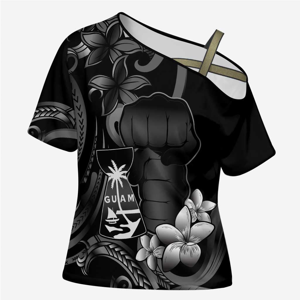Black Hafa Adai Guam Cross Shoulder Shirt Chamorro Latte Stone Hand With Plumeria LT14 Female Black - Polynesian Pride
