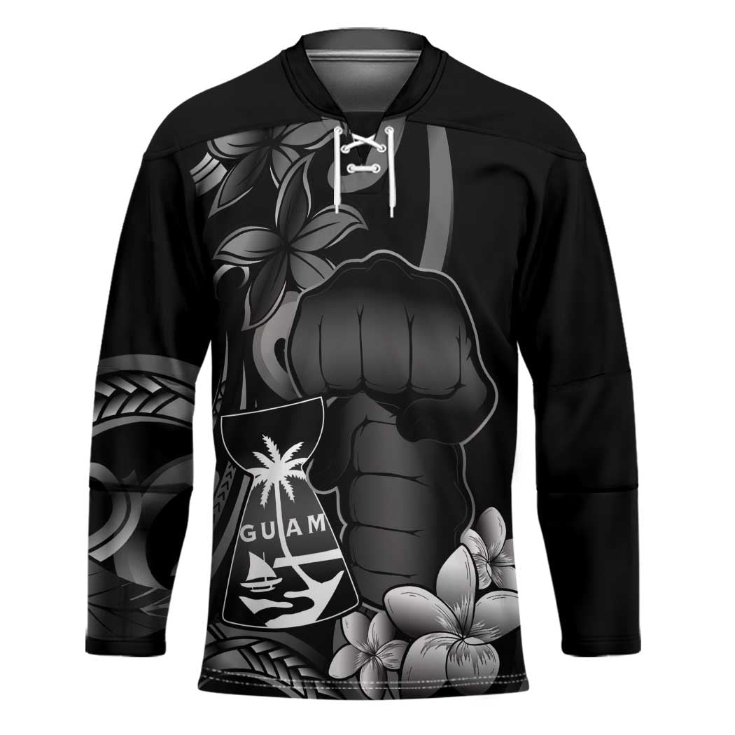 Black Hafa Adai Guam Hockey Jersey Chamorro Latte Stone Hand With Plumeria LT14 Unisex Black - Polynesian Pride