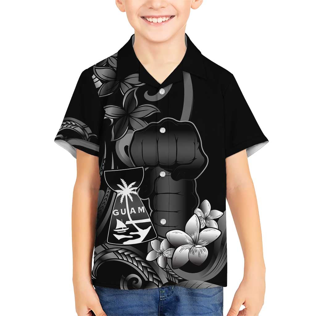 Black Hafa Adai Guam Kid Hawaiian Shirt Chamorro Latte Stone Hand With Plumeria LT14 Kid Black - Polynesian Pride
