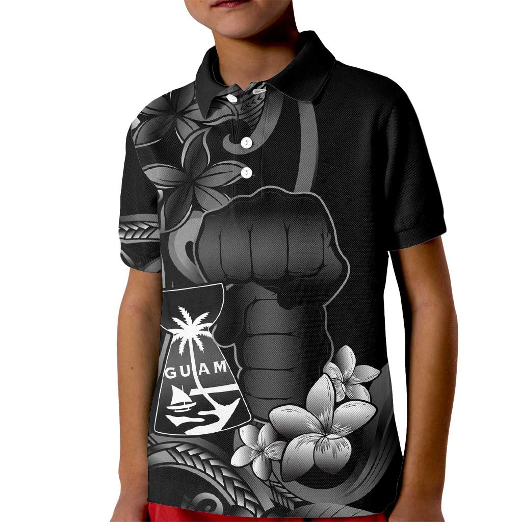 Black Hafa Adai Guam Kid Polo Shirt Chamorro Latte Stone Hand With Plumeria LT14 Kid Black - Polynesian Pride