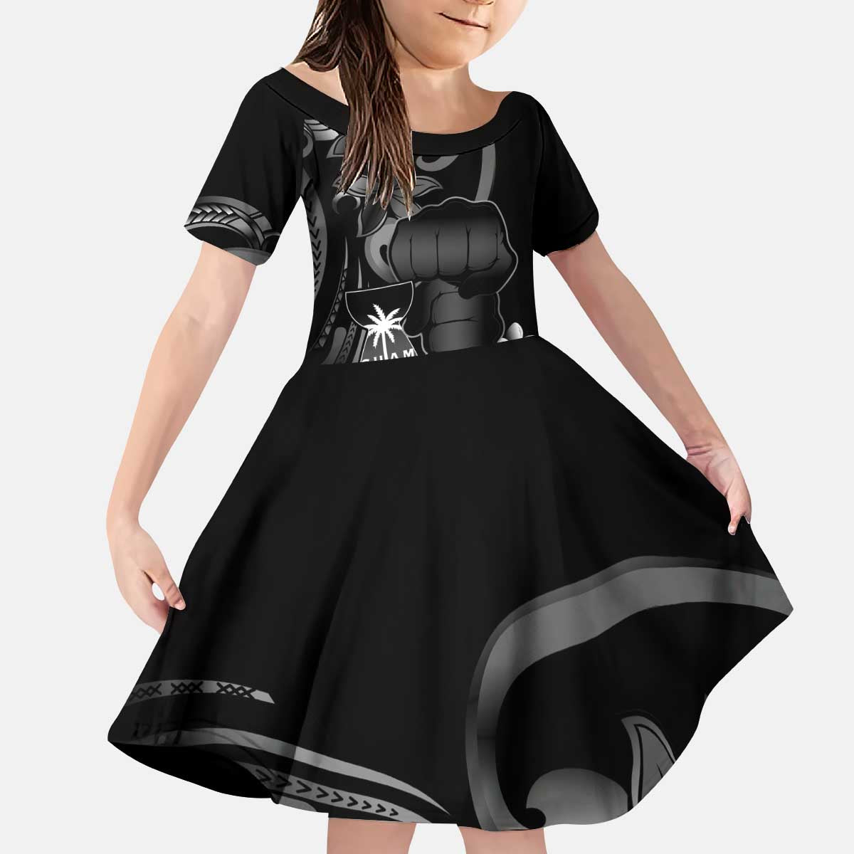 Black Hafa Adai Guam Kid Short Sleeve Dress Chamorro Latte Stone Hand With Plumeria LT14 KID Black - Polynesian Pride