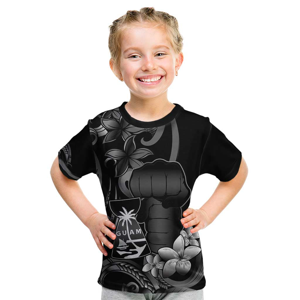 Black Hafa Adai Guam Kid T Shirt Chamorro Latte Stone Hand With Plumeria LT14 Black - Polynesian Pride