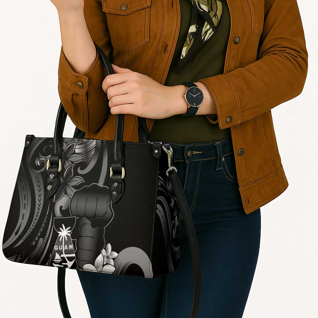 Black Hafa Adai Guam Leather Bag Chamorro Latte Stone Hand With Plumeria LT14 - Polynesian Pride