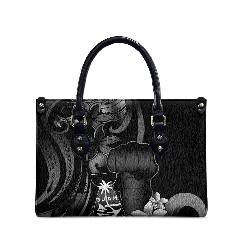 Black Hafa Adai Guam Leather Bag Chamorro Latte Stone Hand With Plumeria LT14 - Polynesian Pride