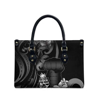 Black Hafa Adai Guam Leather Bag Chamorro Latte Stone Hand With Plumeria LT14 - Polynesian Pride