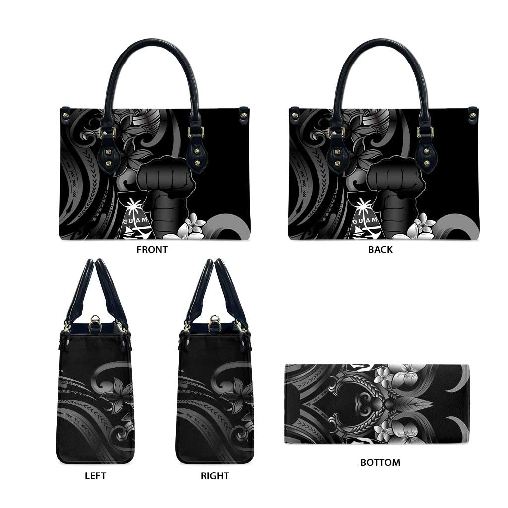 Black Hafa Adai Guam Leather Bag Chamorro Latte Stone Hand With Plumeria LT14 - Polynesian Pride