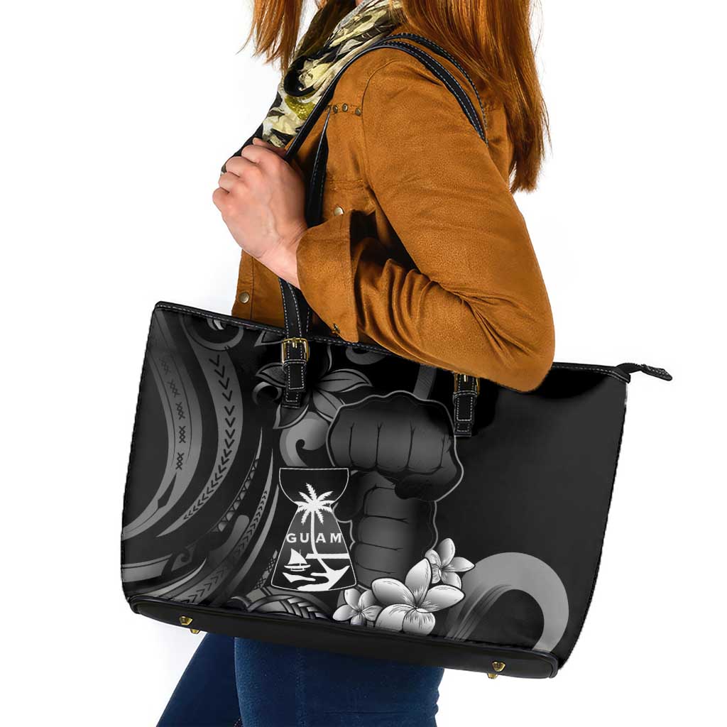 Black Hafa Adai Guam Leather Tote Bag Chamorro Latte Stone Hand With Plumeria LT14 Black - Polynesian Pride
