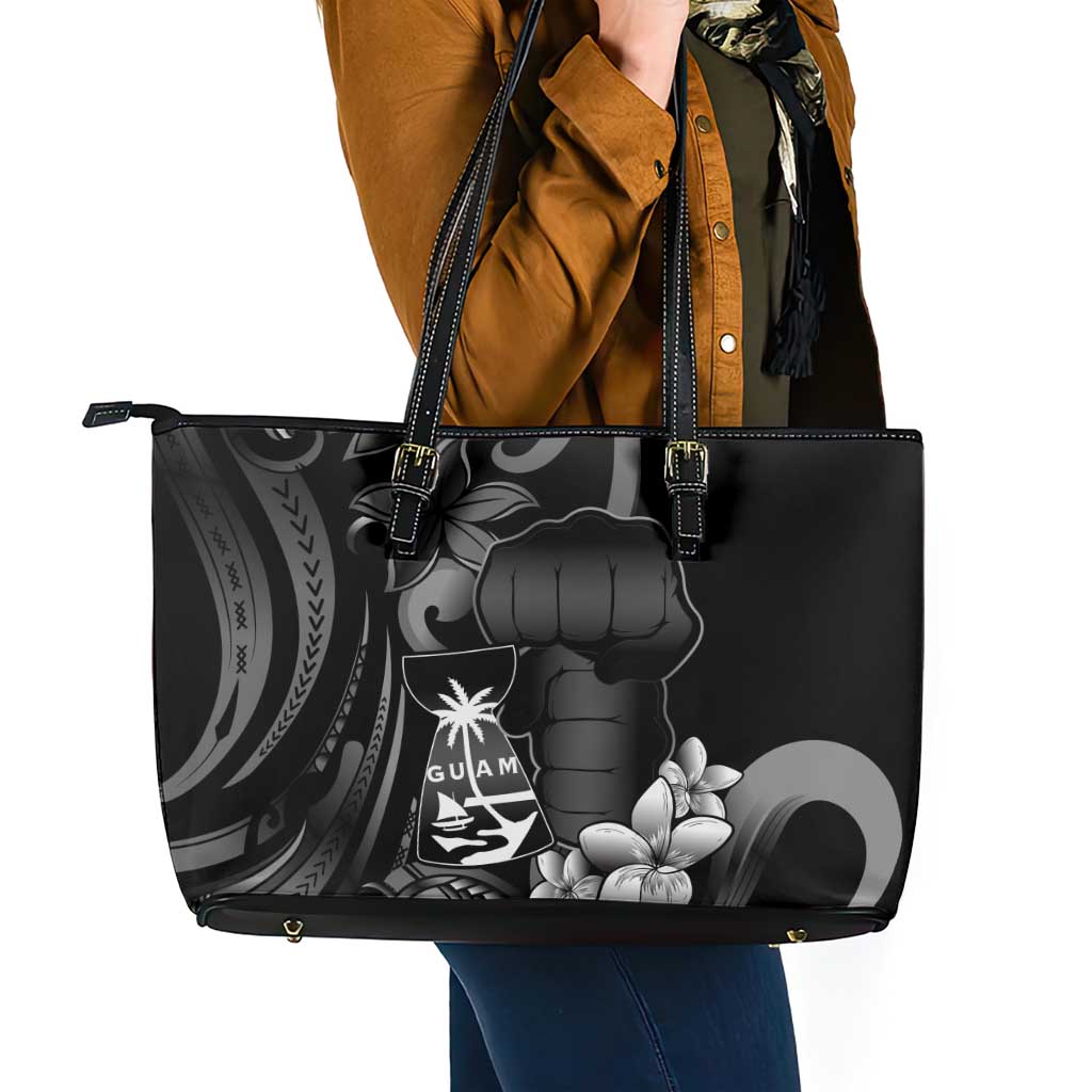 Black Hafa Adai Guam Leather Tote Bag Chamorro Latte Stone Hand With Plumeria LT14 - Polynesian Pride