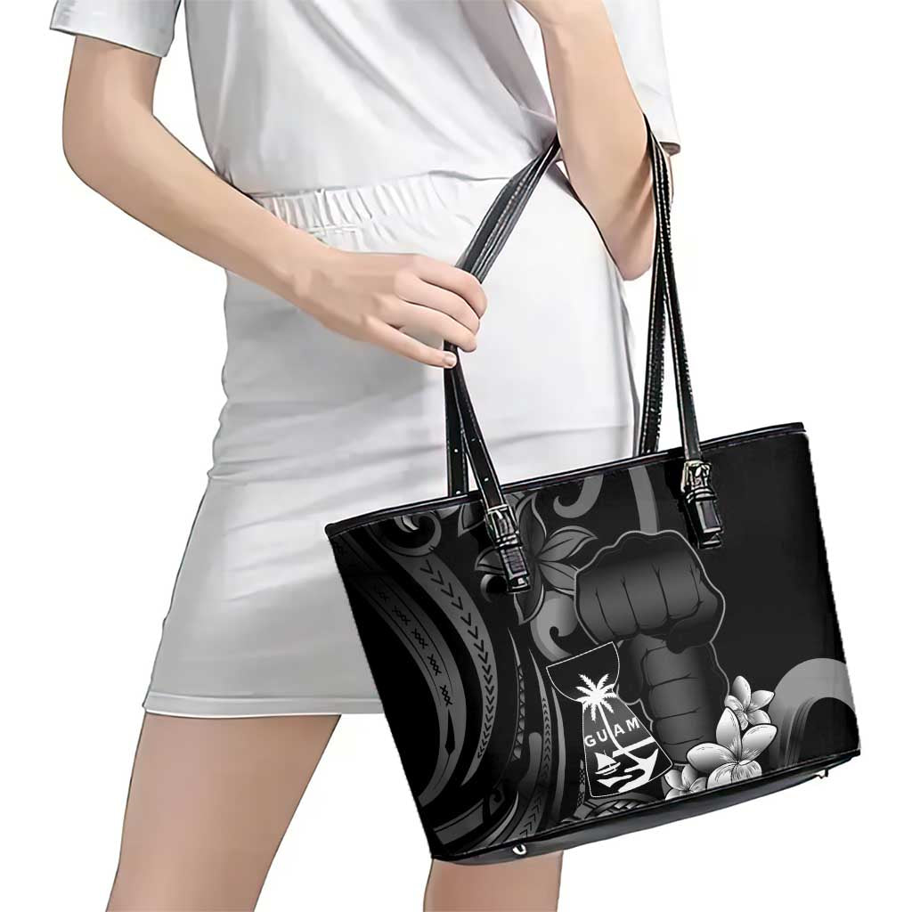 Black Hafa Adai Guam Leather Tote Bag Chamorro Latte Stone Hand With Plumeria LT14 - Polynesian Pride