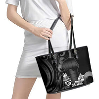 Black Hafa Adai Guam Leather Tote Bag Chamorro Latte Stone Hand With Plumeria LT14 - Polynesian Pride