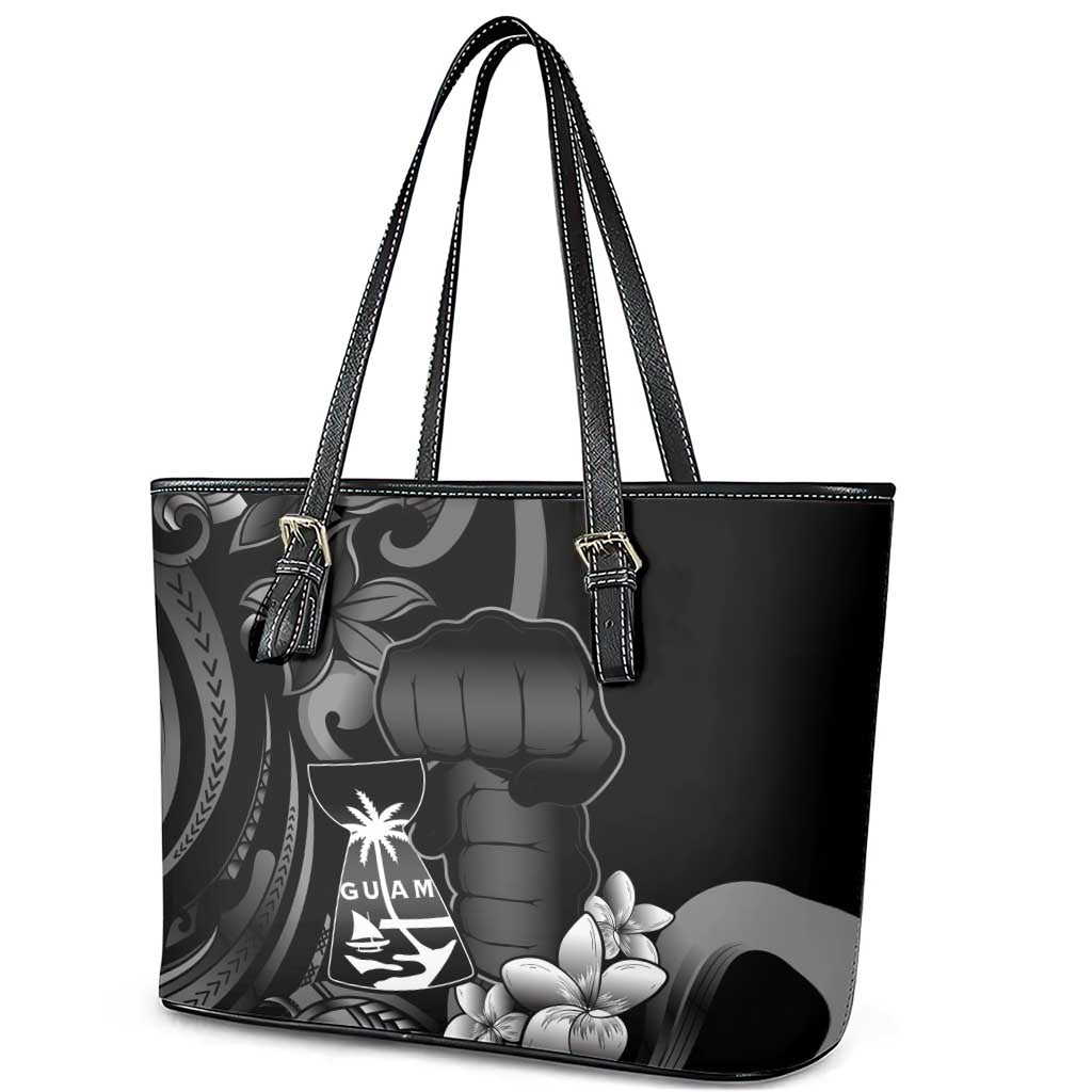 Black Hafa Adai Guam Leather Tote Bag Chamorro Latte Stone Hand With Plumeria LT14 - Polynesian Pride