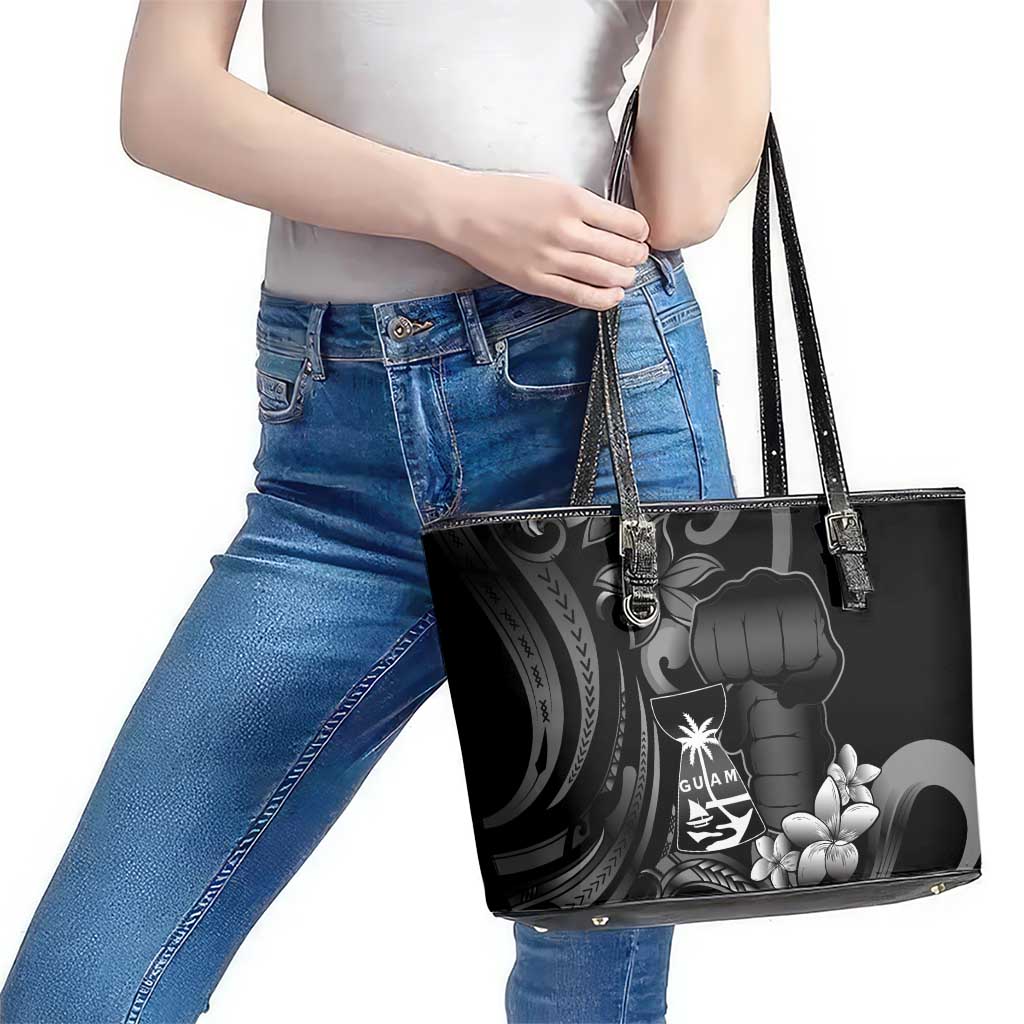 Black Hafa Adai Guam Leather Tote Bag Chamorro Latte Stone Hand With Plumeria LT14 - Polynesian Pride