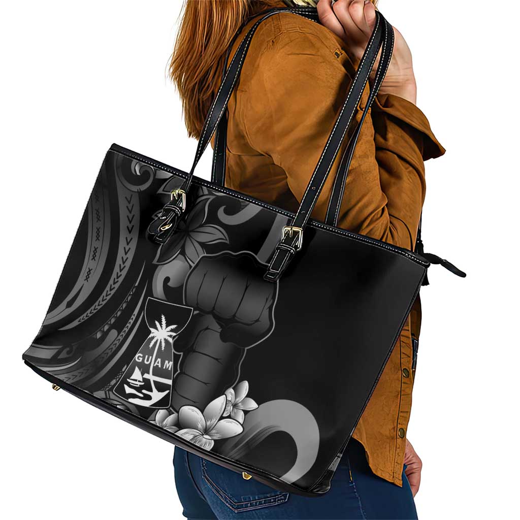 Black Hafa Adai Guam Leather Tote Bag Chamorro Latte Stone Hand With Plumeria LT14 - Polynesian Pride