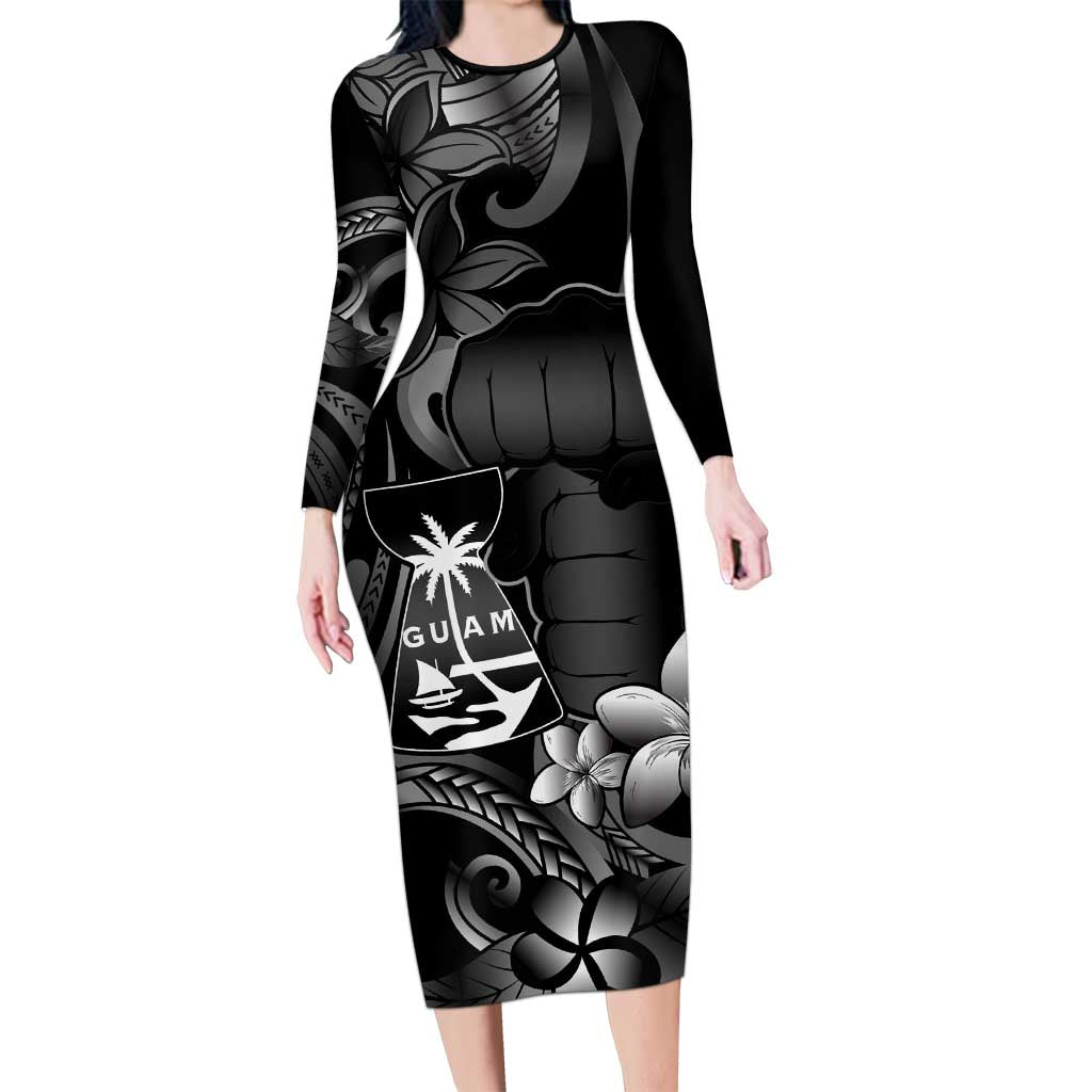 Black Hafa Adai Guam Long Sleeve Bodycon Dress Chamorro Latte Stone Hand With Plumeria LT14 Long Dress Black - Polynesian Pride