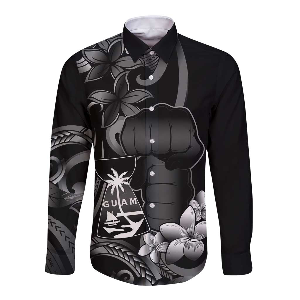 Black Hafa Adai Guam Long Sleeve Button Shirt Chamorro Latte Stone Hand With Plumeria LT14 Unisex Black - Polynesian Pride