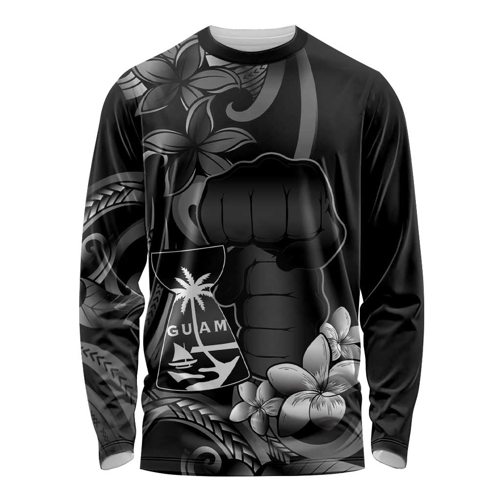 Black Hafa Adai Guam Long Sleeve Shirt Chamorro Latte Stone Hand With Plumeria LT14 Unisex Black - Polynesian Pride