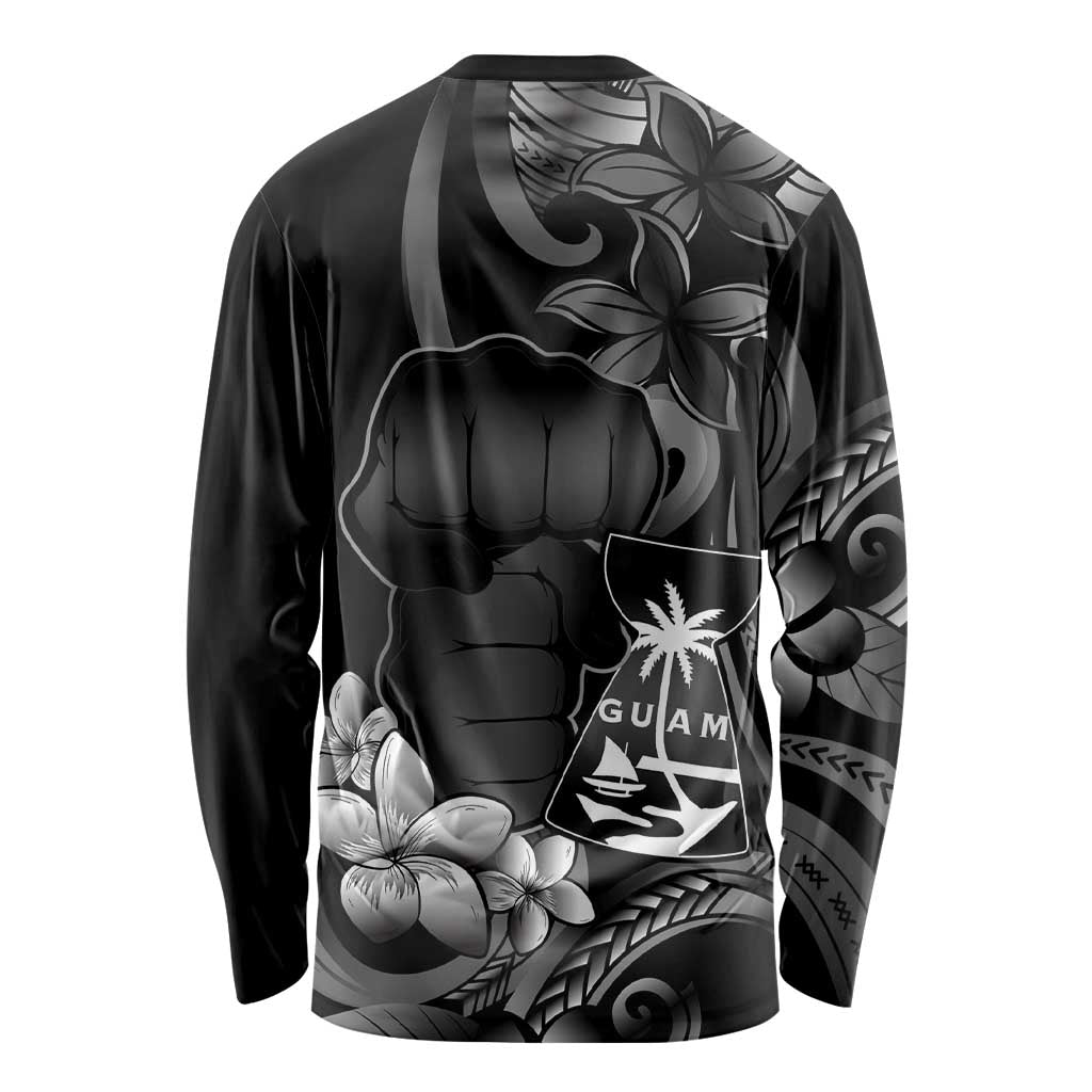 Black Hafa Adai Guam Long Sleeve Shirt Chamorro Latte Stone Hand With Plumeria LT14 - Polynesian Pride