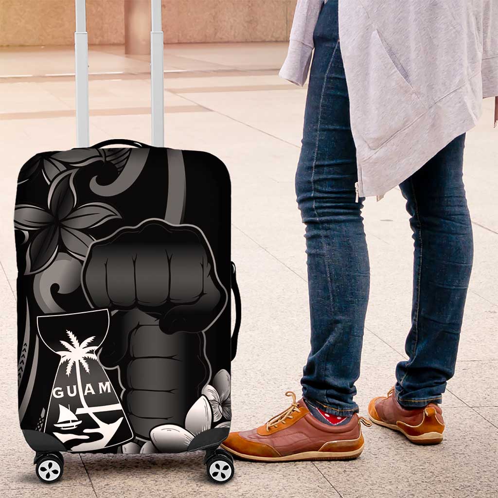 Black Hafa Adai Guam Luggage Cover Chamorro Latte Stone Hand With Plumeria LT14 Black - Polynesian Pride