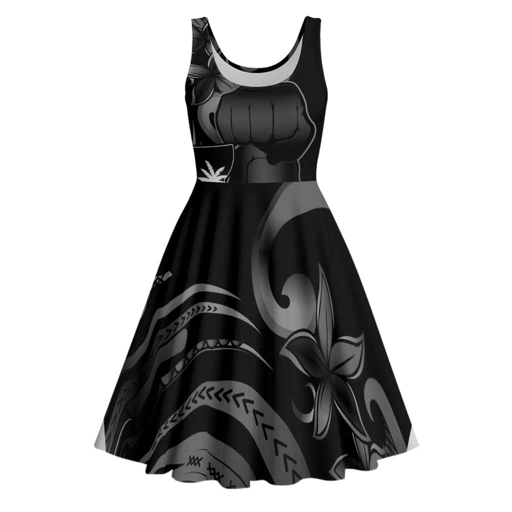 Black Hafa Adai Guam Midi Dress Chamorro Latte Stone Hand With Plumeria LT14 Black - Polynesian Pride