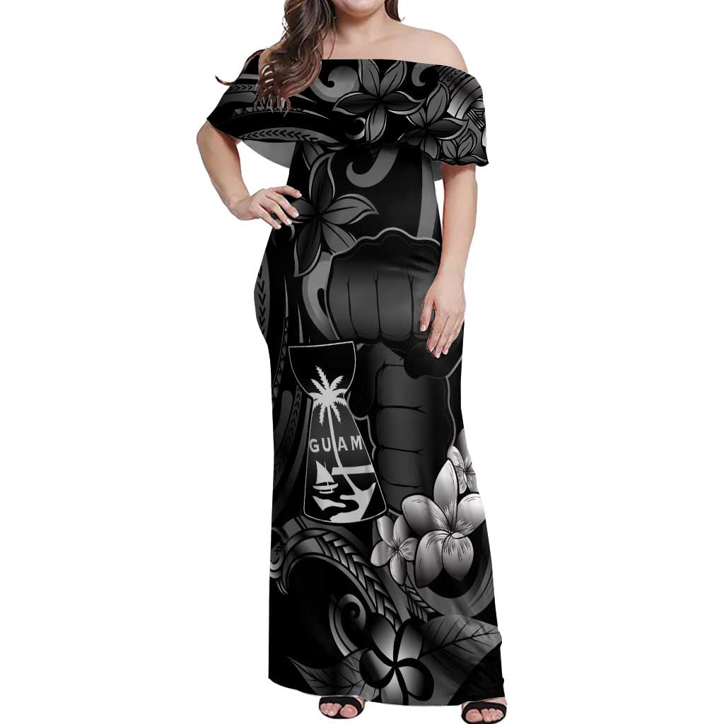 Black Hafa Adai Guam Off Shoulder Maxi Dress Chamorro Latte Stone Hand With Plumeria LT14 Women Black - Polynesian Pride